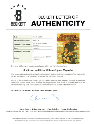 Jim Brown & Ricky Williams Autographed Cleveland Browns 1999 NFL Preview Sports Illustrated 8/30/99 W/ HOF 71 Beckett