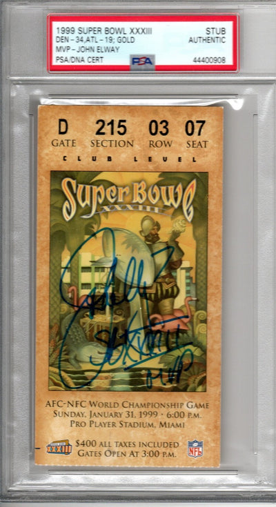 John Elway Autographed Denver Broncos Super Bowl XXXIII Encapsulated Ticket W/SB XXXIII MVP PSA/DNA Stub Gold