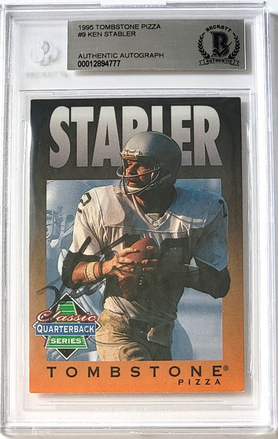 Ken Stabler Autographed Oakland Raiders Encapsulated 1995 Tombstone Pizza #9 Classic Quarterback Series Trading Card Beckett Authenticated