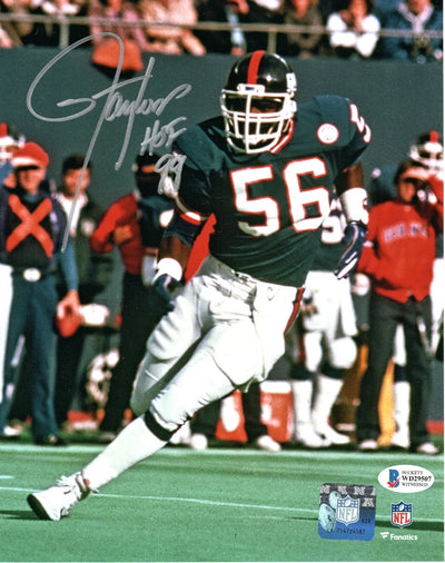 Lawrence Taylor Autographed New York Giants 8x10 Photo W/ HOF 99 Beckett Witnessed Blue Jersey