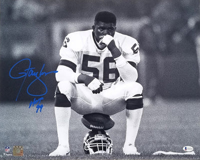 Lawrence Taylor Autographed New York Giants 16x20 Photo W/ HOF 99 Beckett Witnessed Sitting on Helmet