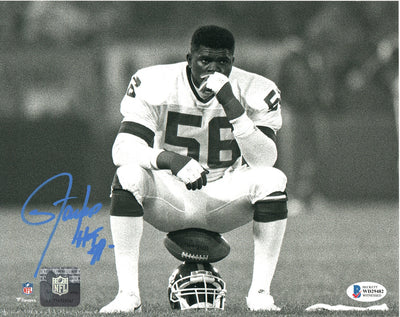 Lawrence Taylor Autographed New York Giants 8x10 Photo W/ HOF 99 Beckett Witnessed Sitting on Helmet