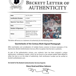 Johnny Unitas Joe Montana Dan Marino John Elway Autographed Quaterbacks of the Century 8x10 Photo Beckett Authenticated