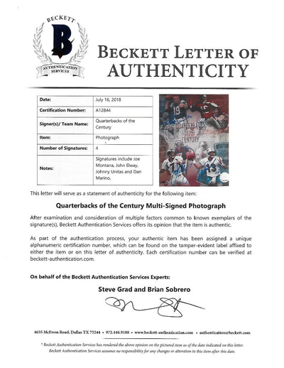 Johnny Unitas Joe Montana Dan Marino John Elway Autographed Quaterbacks of the Century 8x10 Photo Beckett Authenticated