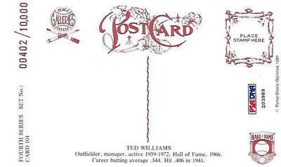 Ted Williams Autographed Boston Red Sox Perez Steele Postcard PSA/DNA Authenticated