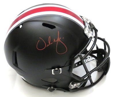 Urban Meyer Autographed Ohio State Buckeyes Riddell Black Replica Speed Helmet Beckett Witness Red Paint