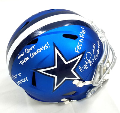 Ezekiel Elliott Autographed Dallas Cowboys Riddell Blaze Replica Helmet W/ Feed Me Zeke & Destroy & How Bout The Cowboys Beckett Witnessed